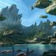 Concept art from Avatar: The Way of Water shows a scene with Na'vi in a body of water on Pandora.